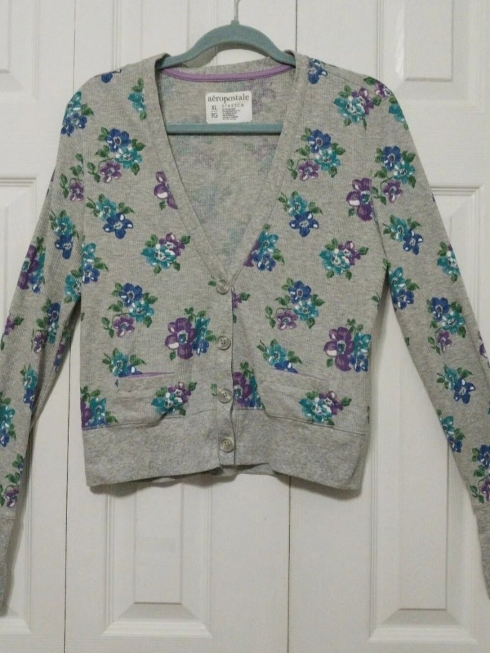 Aéropostale Y2K Style Floral Cropped Cardigan Women's XL Gray Purple